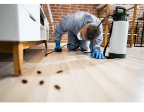 a man in a blue shirt and blue gloves is cleaning a floor